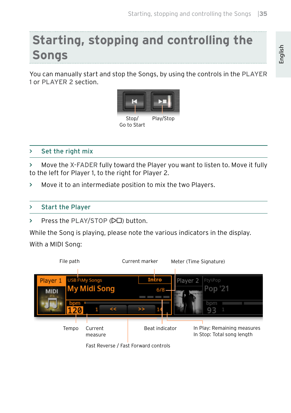 Starting, stopping and controlling the songs | KORG Pa5X-88 88-Key Arranger Keyboard User Manual | Page 37 / 232