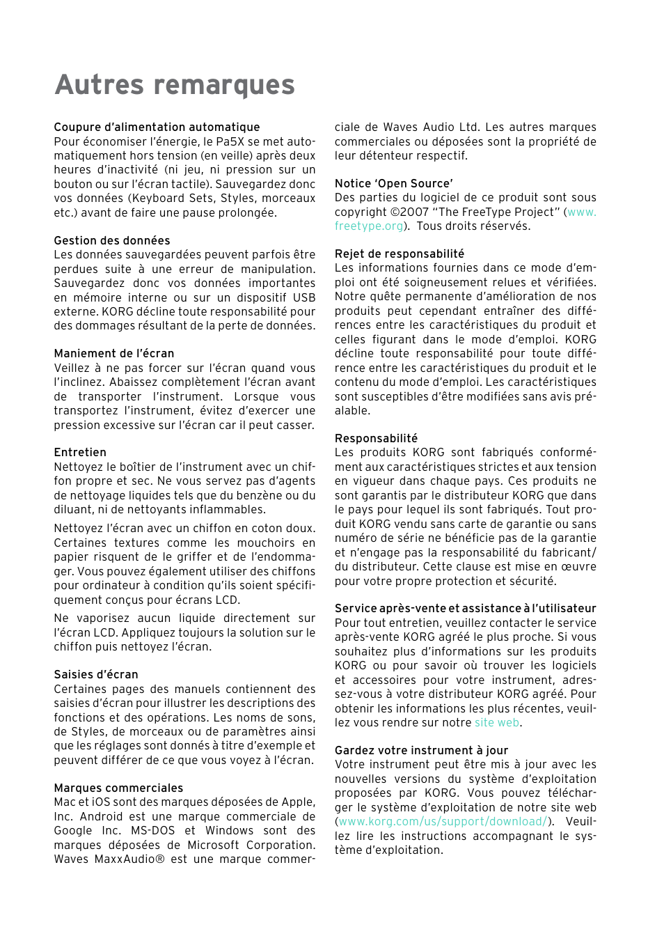Autres remarques | KORG Pa5X-88 88-Key Arranger Keyboard User Manual | Page 44 / 232