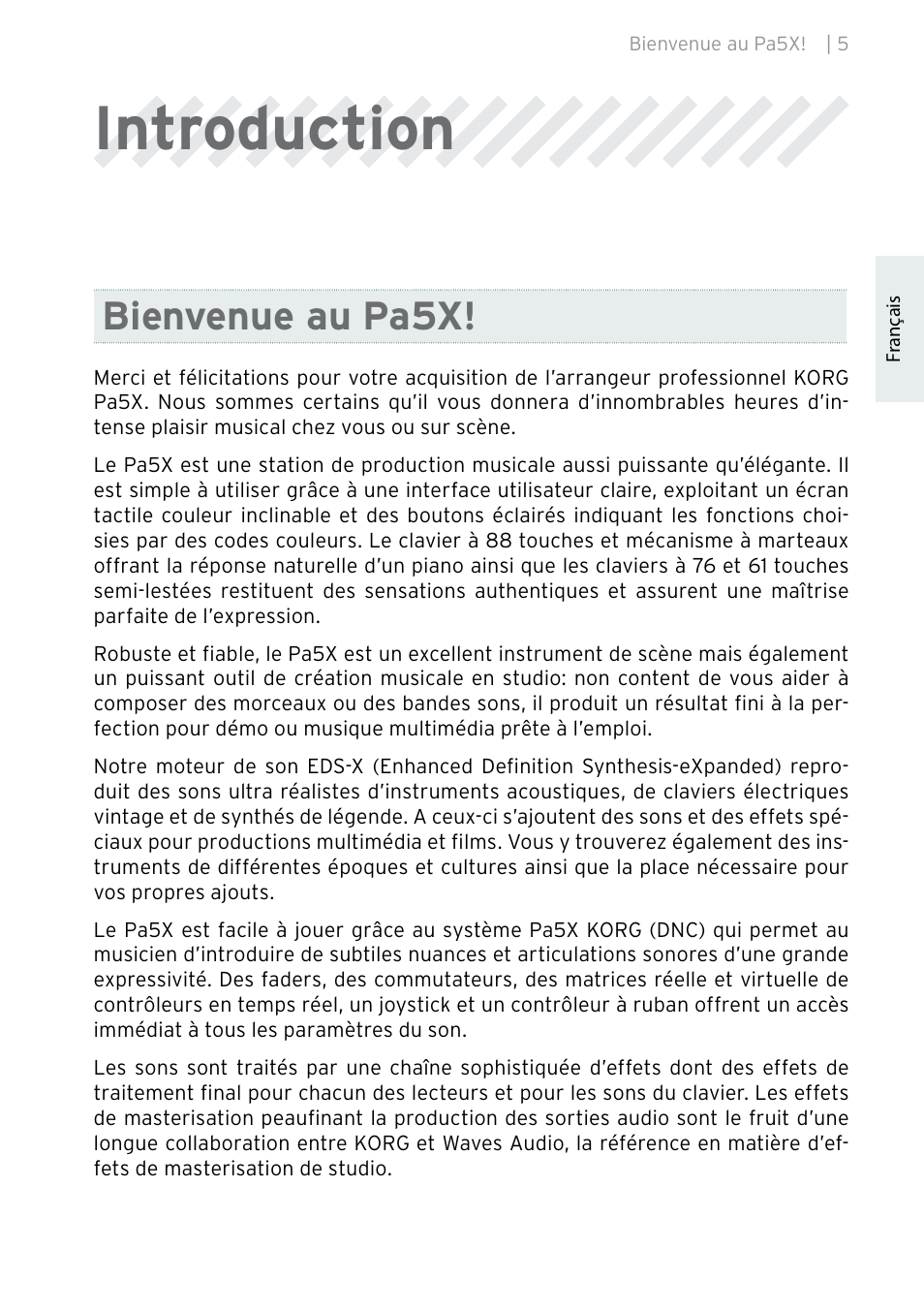 Introduction, Bienvenue au pa5x | KORG Pa5X-88 88-Key Arranger Keyboard User Manual | Page 45 / 232