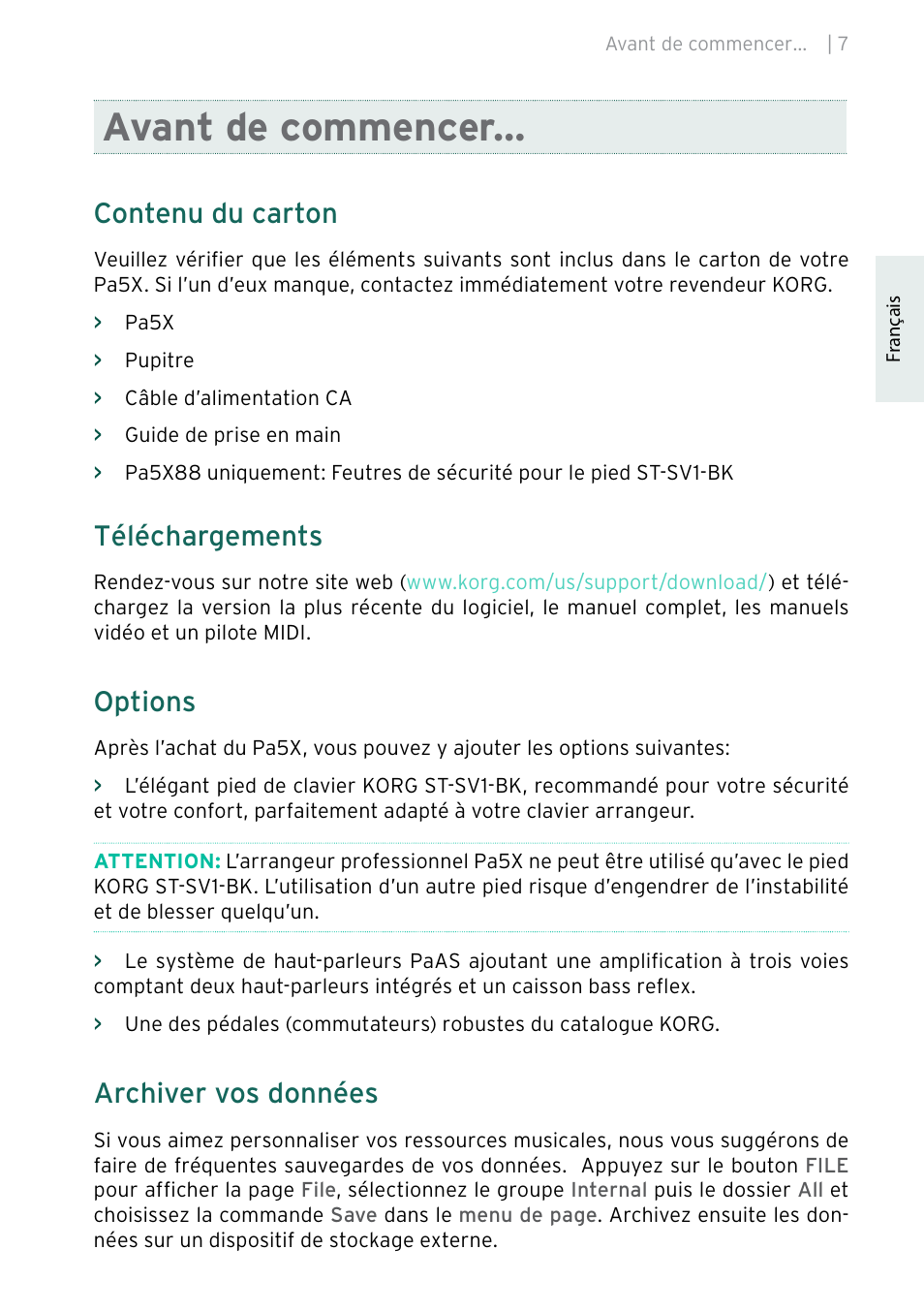 Avant de commencer, Contenu du carton, Téléchargements | Options, Archiver vos données | KORG Pa5X-88 88-Key Arranger Keyboard User Manual | Page 47 / 232