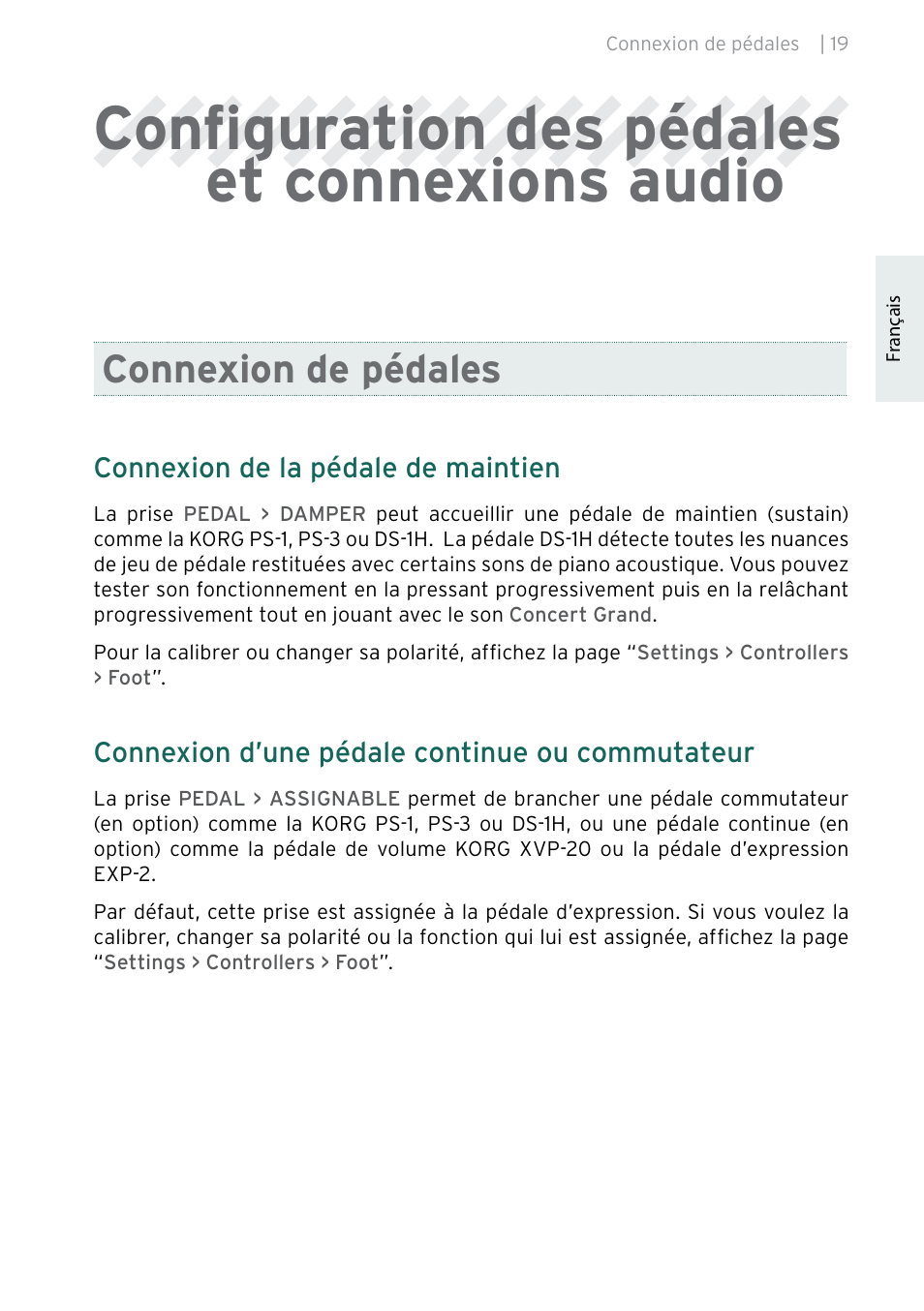 Configuration des pédales et connexions audio, Connexion de pédales | KORG Pa5X-88 88-Key Arranger Keyboard User Manual | Page 59 / 232