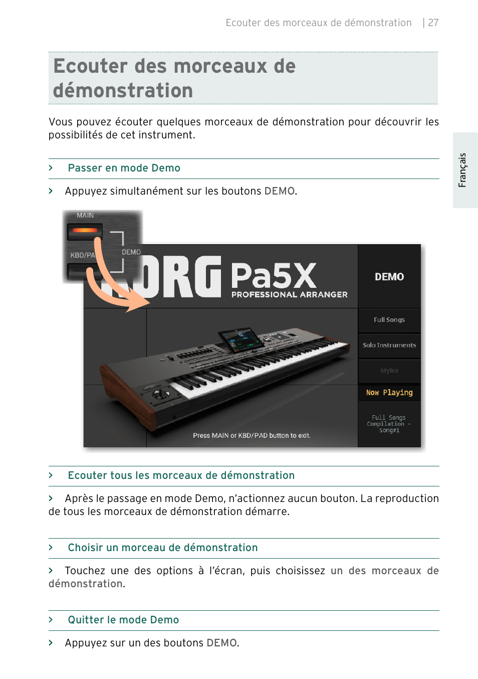 Ecouter des morceaux de démonstration | KORG Pa5X-88 88-Key Arranger Keyboard User Manual | Page 67 / 232