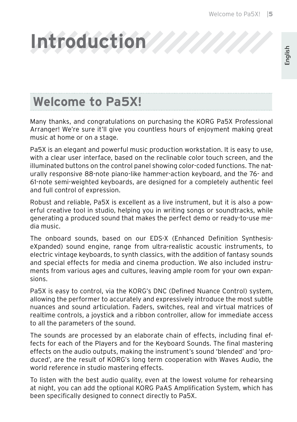 Introduction, Welcome to pa5x | KORG Pa5X-88 88-Key Arranger Keyboard User Manual | Page 7 / 232