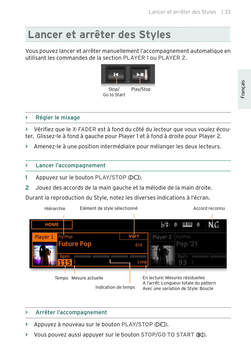 Lancer et arrêter des styles | KORG Pa5X-88 88-Key Arranger Keyboard User Manual | Page 73 / 232