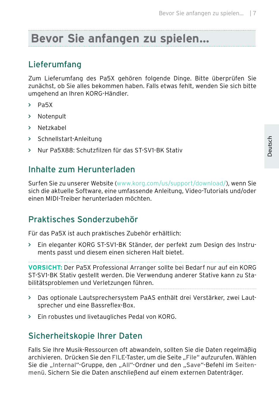 Bevor sie anfangen zu spielen, Lieferumfang, Inhalte zum herunterladen | Praktisches sonderzubehör, Sicherheitskopie ihrer daten | KORG Pa5X-88 88-Key Arranger Keyboard User Manual | Page 85 / 232
