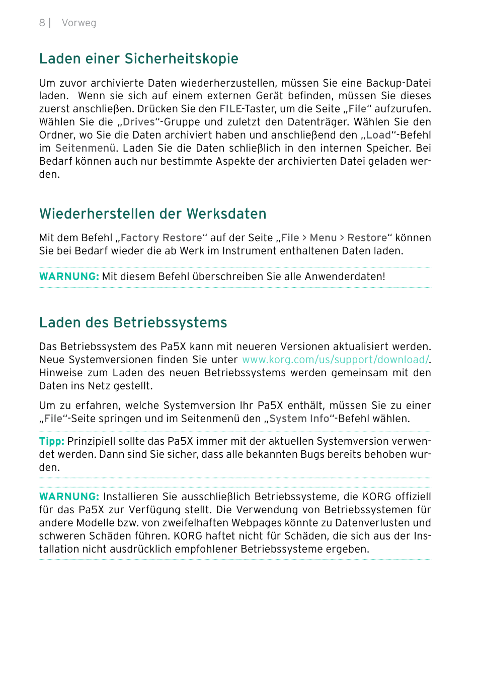 Laden einer sicherheitskopie, Wiederherstellen der werksdaten, Laden des betriebssystems | KORG Pa5X-88 88-Key Arranger Keyboard User Manual | Page 86 / 232