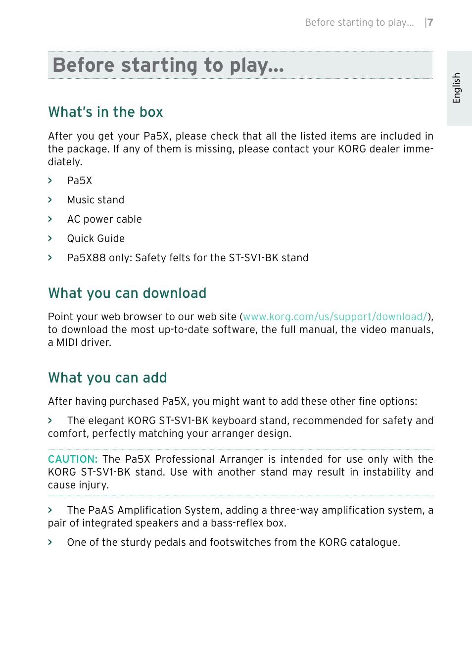 Before starting to play, What’s in the box, What you can download | What you can add | KORG Pa5X-88 88-Key Arranger Keyboard User Manual | Page 9 / 232