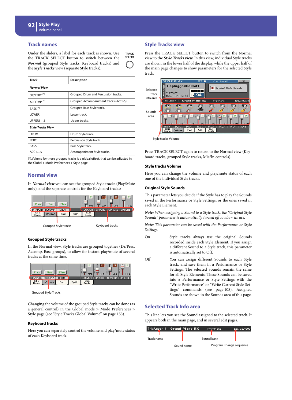 Track names, Normal view, Style tracks view | Selected track info area | KORG Pa300 Arranger User Manual | Page 96 / 378