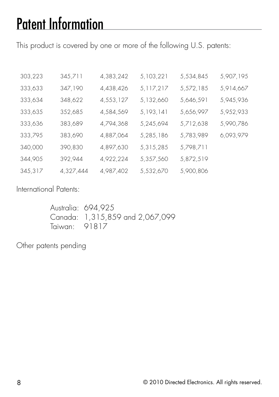 Patent information | Directed Electronics SMARTSTART 3000 User Manual | Page 12 / 16