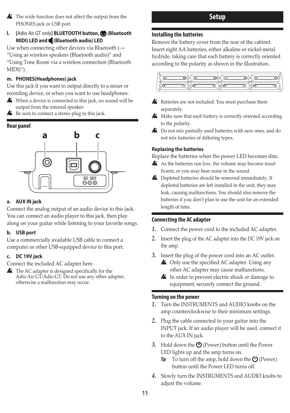 Setup, Cb a | Vox Adio Air GT 2x3" 50W Bluetooth Guitar Amplifier User Manual | Page 11 / 50