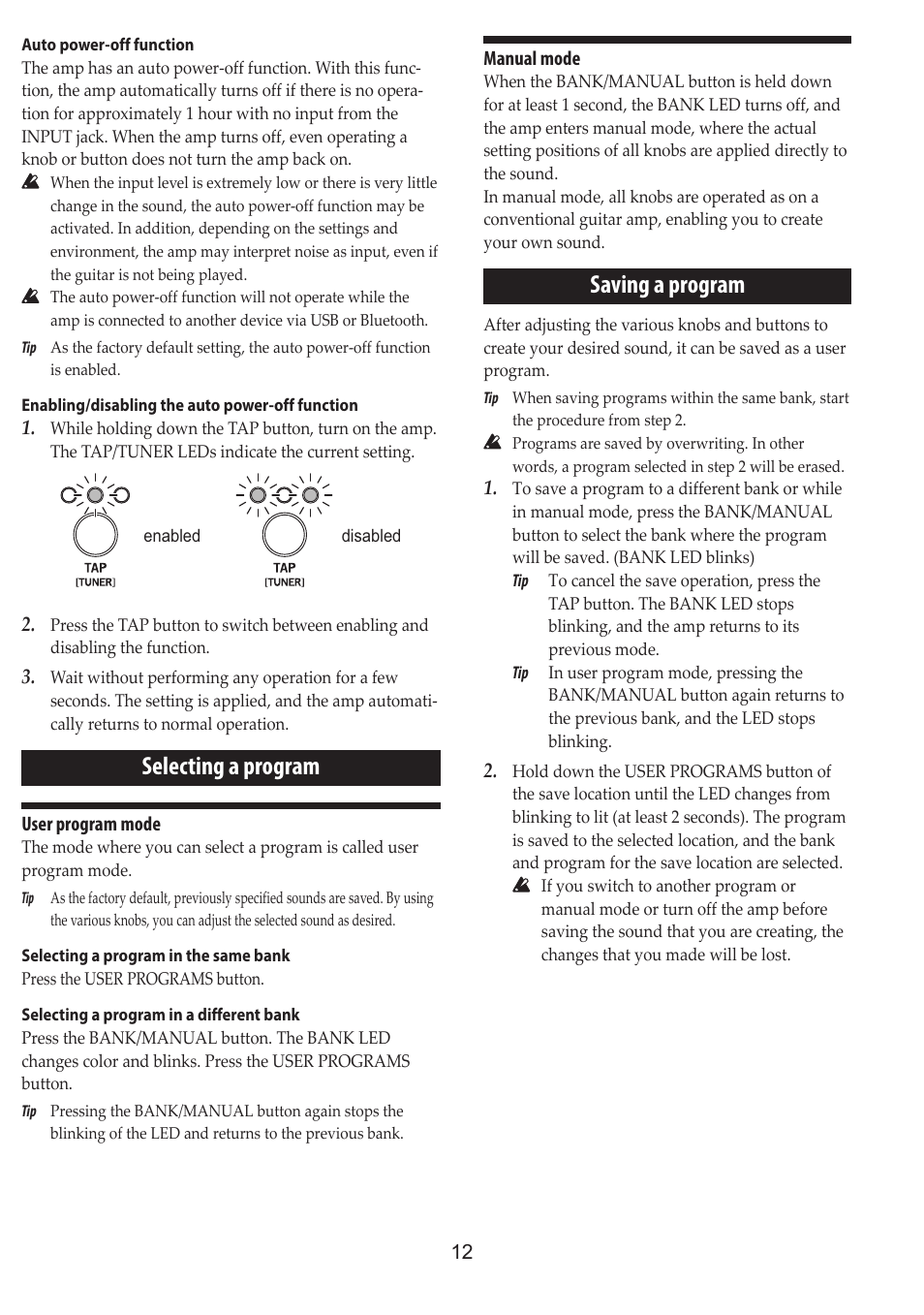 Selecting a program, Saving a program | Vox Adio Air GT 2x3" 50W Bluetooth Guitar Amplifier User Manual | Page 12 / 50