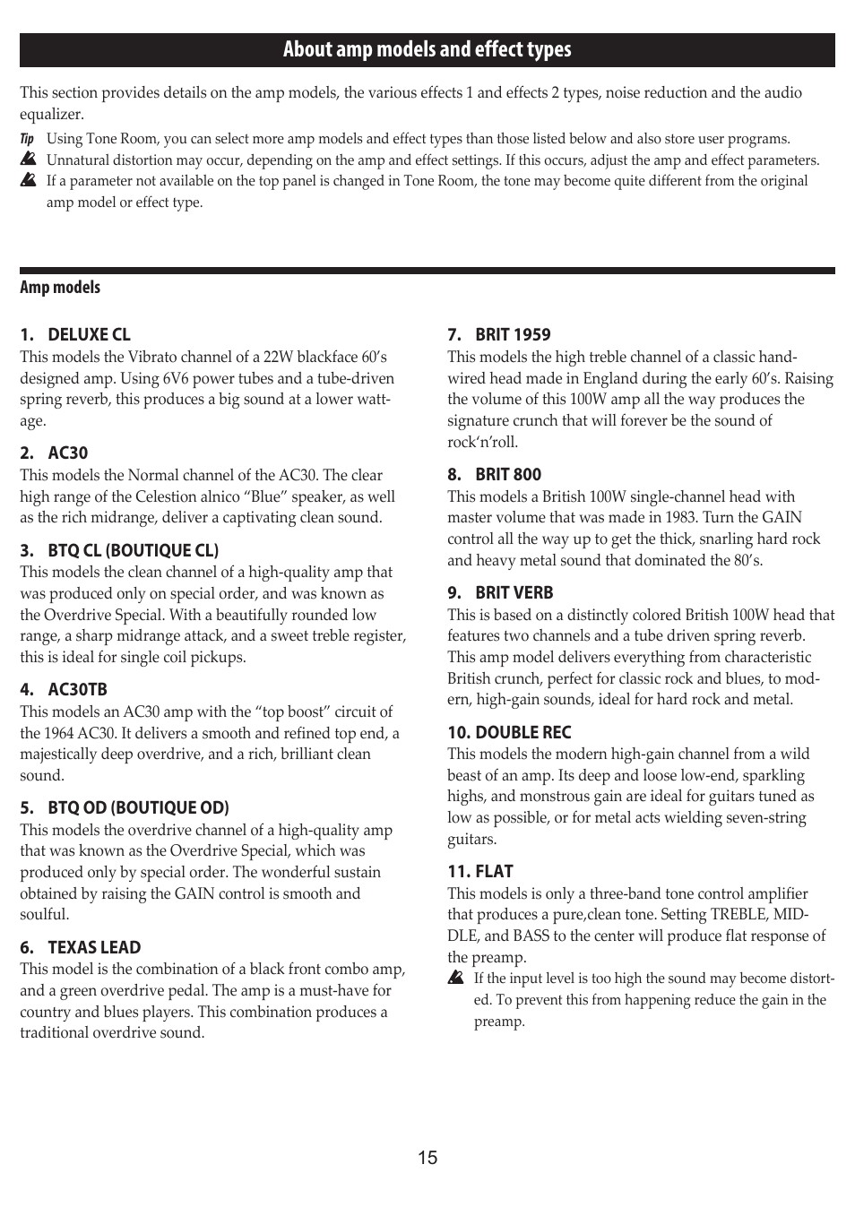 About amp models and effect types | Vox Adio Air GT 2x3" 50W Bluetooth Guitar Amplifier User Manual | Page 15 / 50