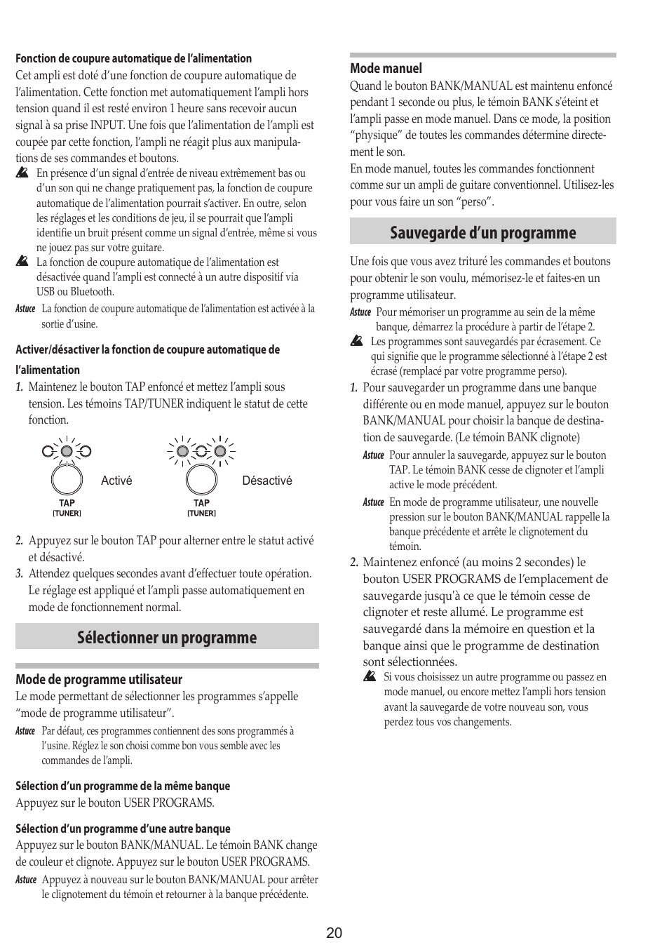 Sélectionner un programme, Sauvegarde d’un programme, Sauvegarde | D’un programme | Vox Adio Air GT 2x3" 50W Bluetooth Guitar Amplifier User Manual | Page 20 / 50