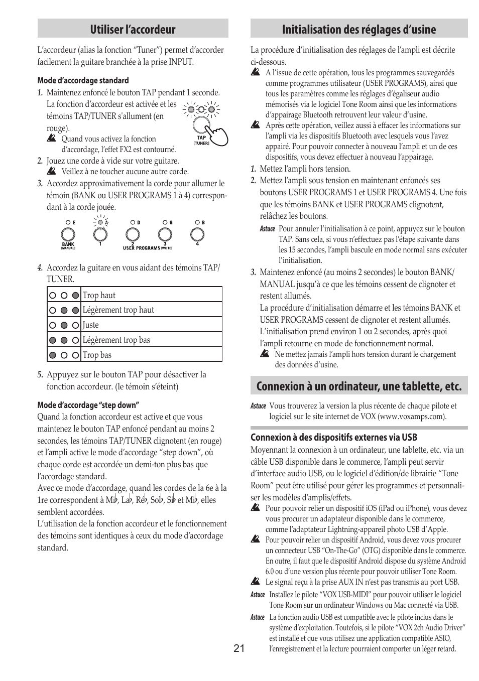 Utiliser l’accordeur, Initialisation des réglages d’usine, Connexion à un ordinateur, une tablette, etc | Vox Adio Air GT 2x3" 50W Bluetooth Guitar Amplifier User Manual | Page 21 / 50