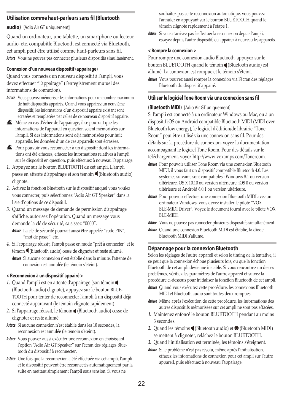 Dépannage pour la connexion bluetooth | Vox Adio Air GT 2x3" 50W Bluetooth Guitar Amplifier User Manual | Page 22 / 50