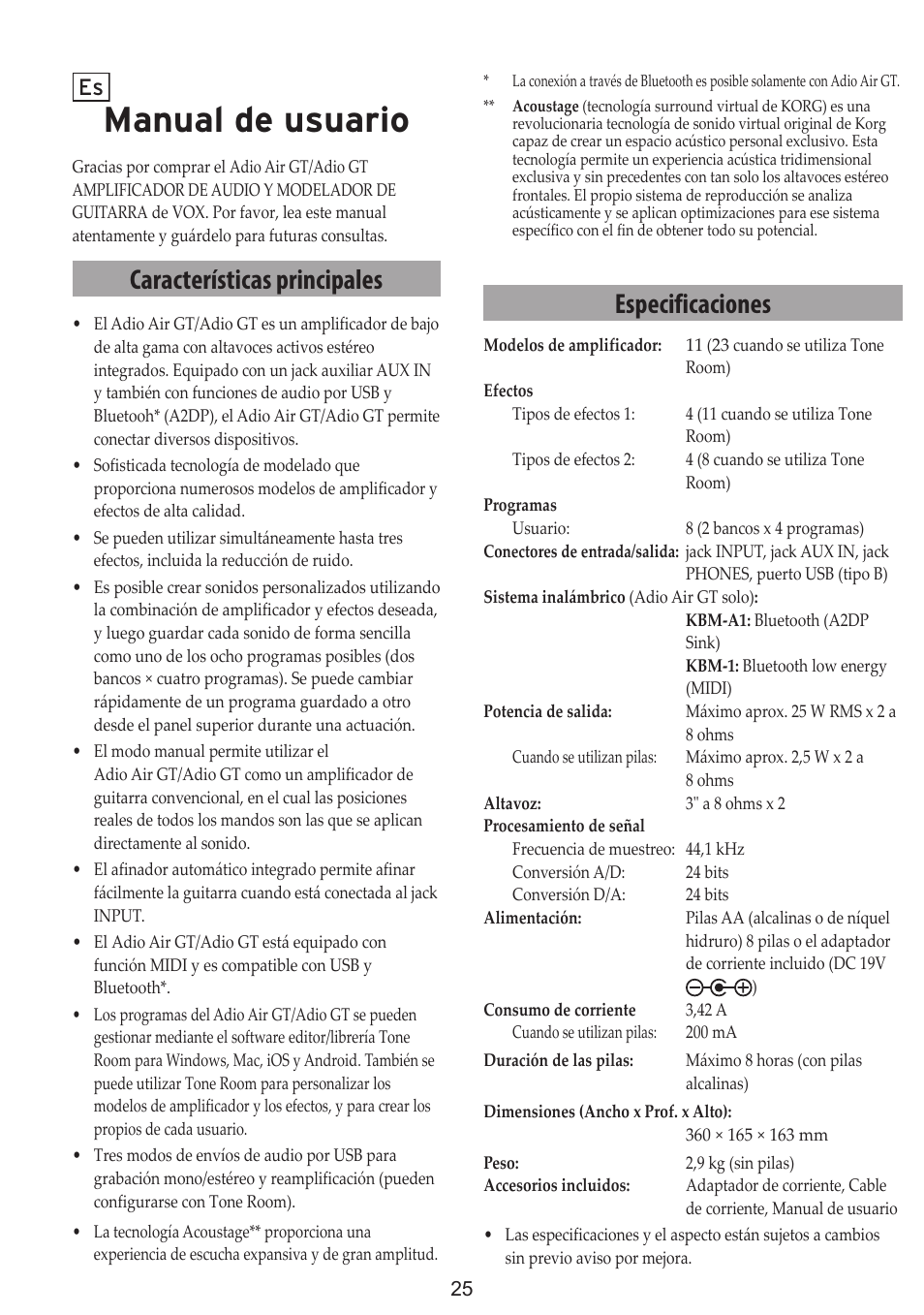 Manual de usuario, Características principales, Especificaciones | Vox Adio Air GT 2x3" 50W Bluetooth Guitar Amplifier User Manual | Page 25 / 50