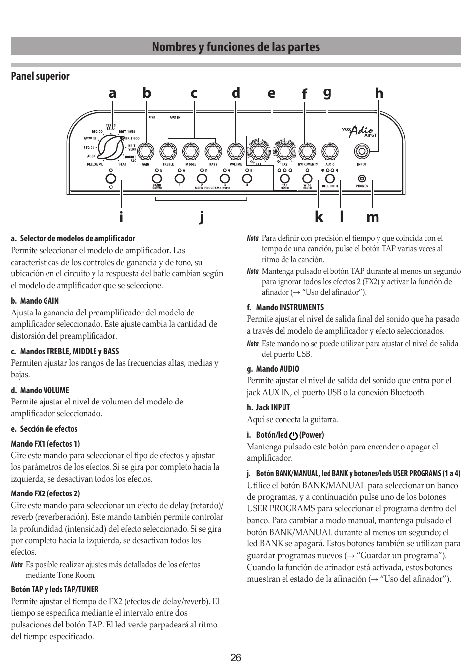 Nombres y funciones de las partes | Vox Adio Air GT 2x3" 50W Bluetooth Guitar Amplifier User Manual | Page 26 / 50