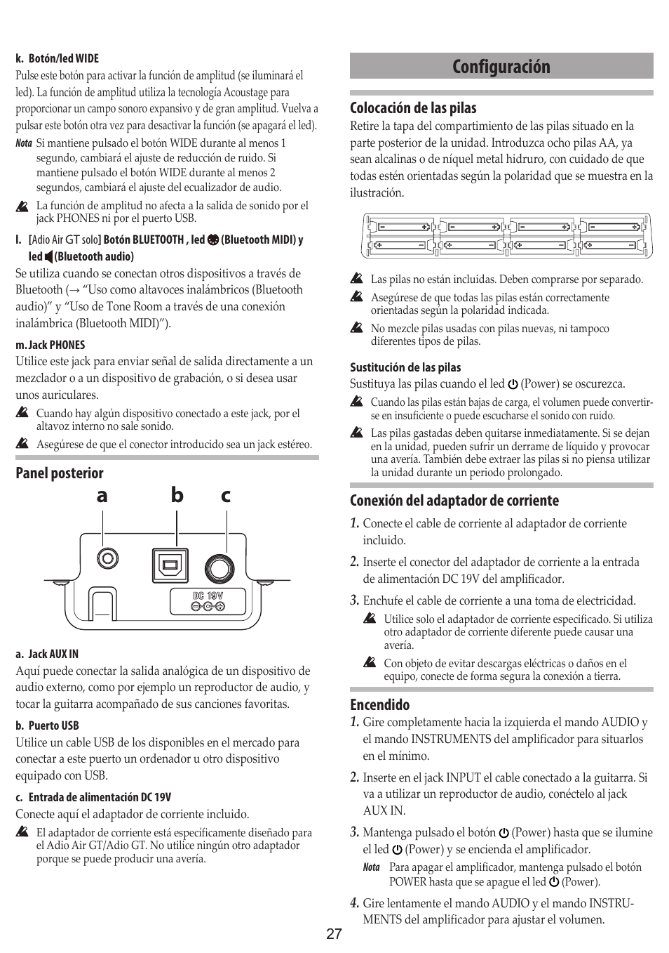 Configuración, Cb a, Panel posterior | Colocación de las pilas, Conexión del adaptador de corriente, Encendido | Vox Adio Air GT 2x3" 50W Bluetooth Guitar Amplifier User Manual | Page 27 / 50