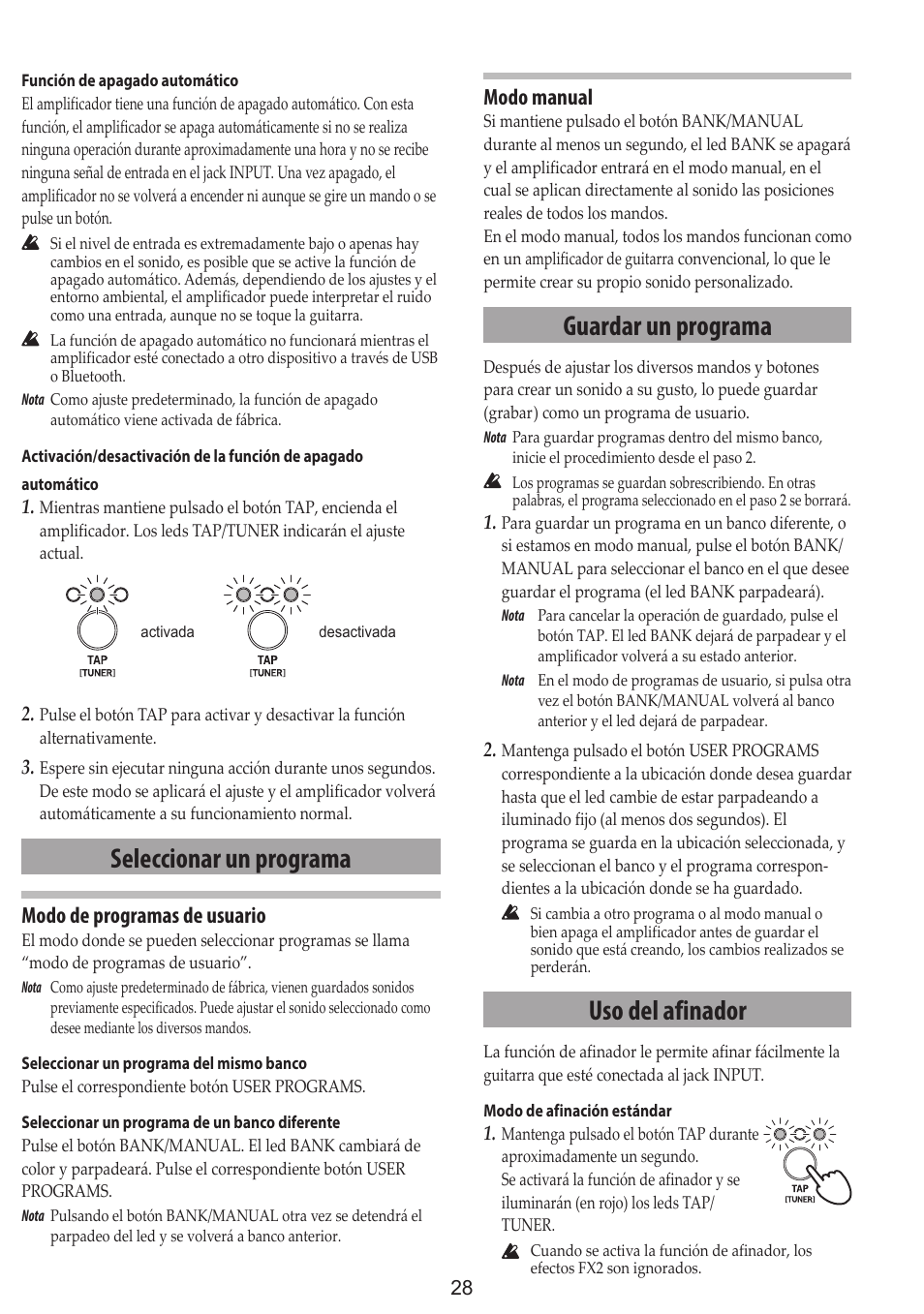 Seleccionar un programa, Guardar un programa, Uso del afinador | Modo de programas de usuario, Modo manual | Vox Adio Air GT 2x3" 50W Bluetooth Guitar Amplifier User Manual | Page 28 / 50