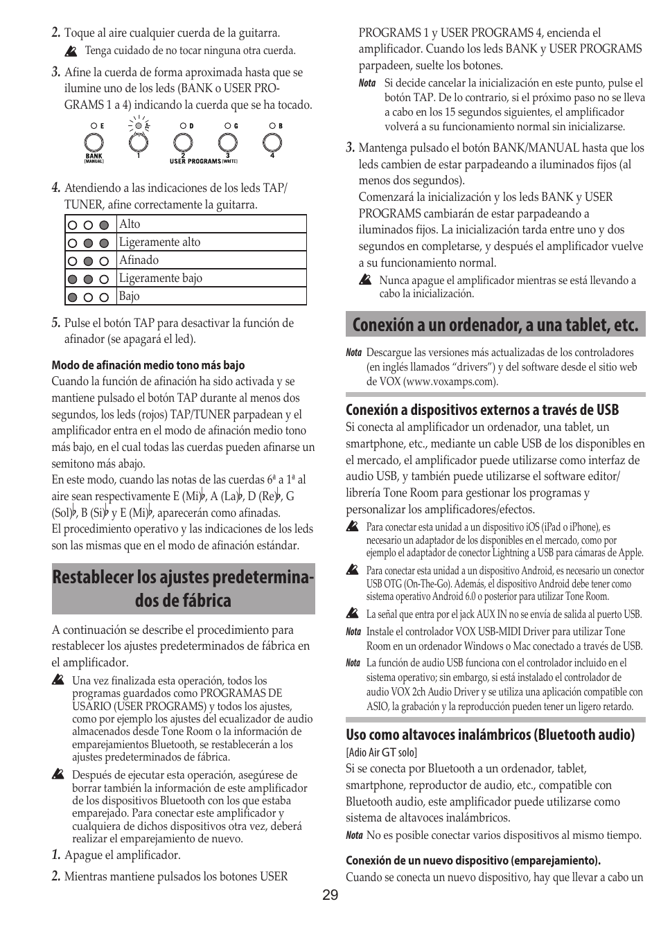 Restablecer los ajustes predeterminados de fábrica, Conexión a un ordenador, a una tablet, etc, Uso como altavoces inalámbricos (bluetooth | Audio), Conexión a dispositivos externos a través de usb, Uso como altavoces inalámbricos (bluetooth audio) | Vox Adio Air GT 2x3" 50W Bluetooth Guitar Amplifier User Manual | Page 29 / 50