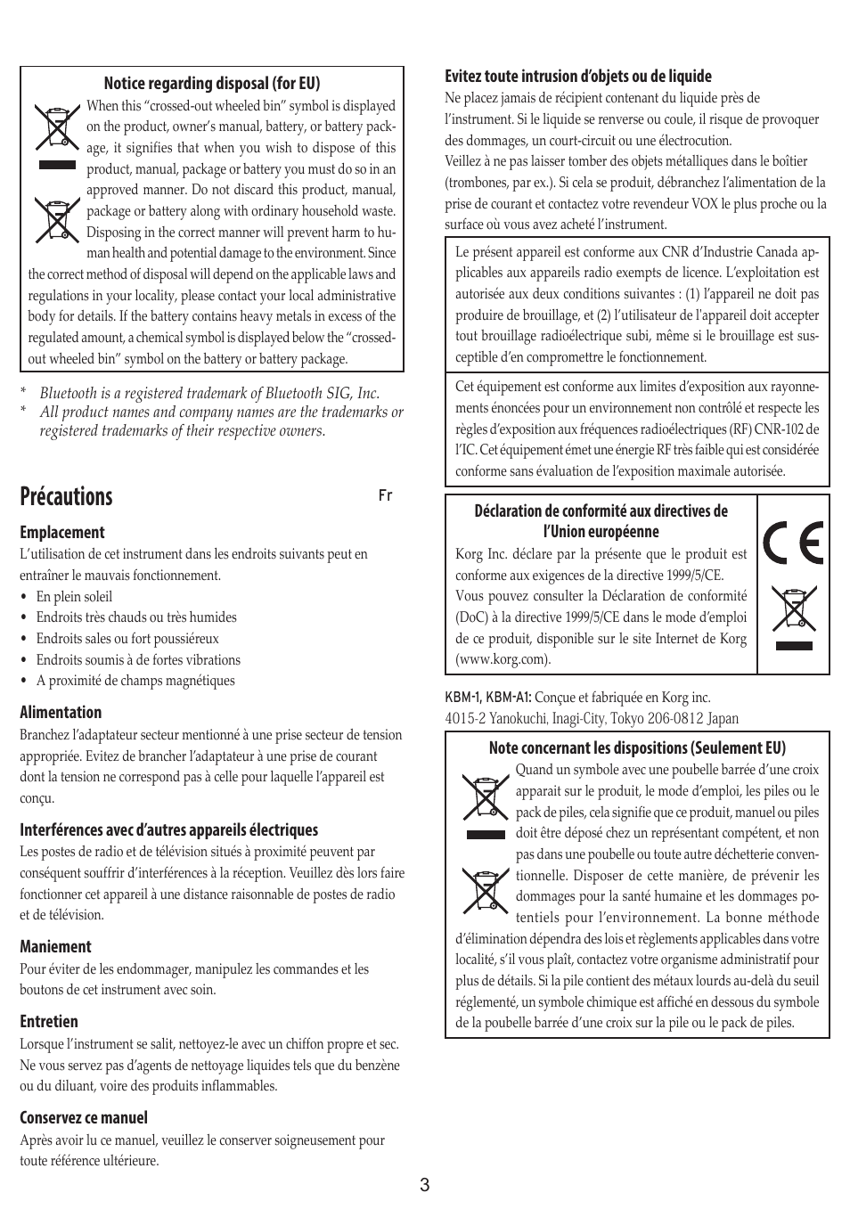 Précautions | Vox Adio Air GT 2x3" 50W Bluetooth Guitar Amplifier User Manual | Page 3 / 50