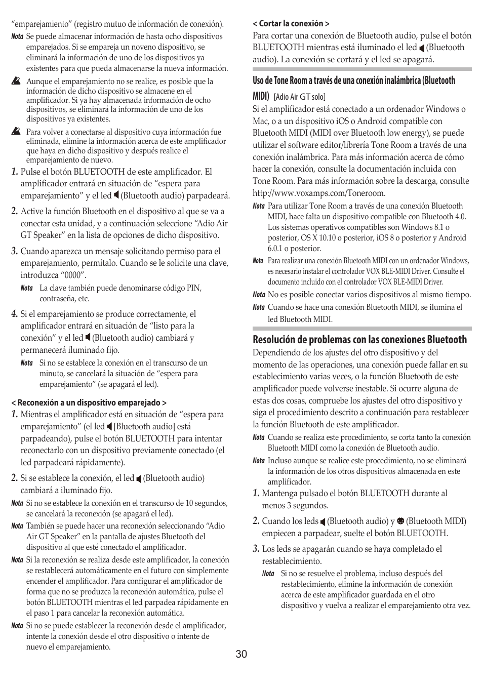 Uso de tone room a través de una conexión, Inalámbrica (bluetooth midi) | Vox Adio Air GT 2x3" 50W Bluetooth Guitar Amplifier User Manual | Page 30 / 50