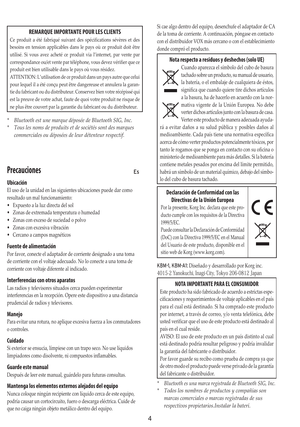 Precauciones | Vox Adio Air GT 2x3" 50W Bluetooth Guitar Amplifier User Manual | Page 4 / 50