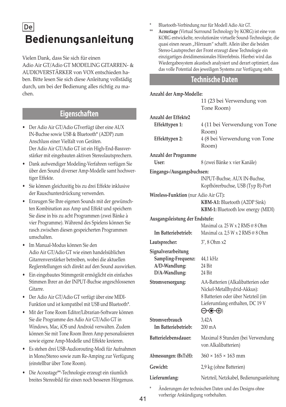 Bedienungsanleitung, Eigenschaften, Technische daten | Vox Adio Air GT 2x3" 50W Bluetooth Guitar Amplifier User Manual | Page 41 / 50