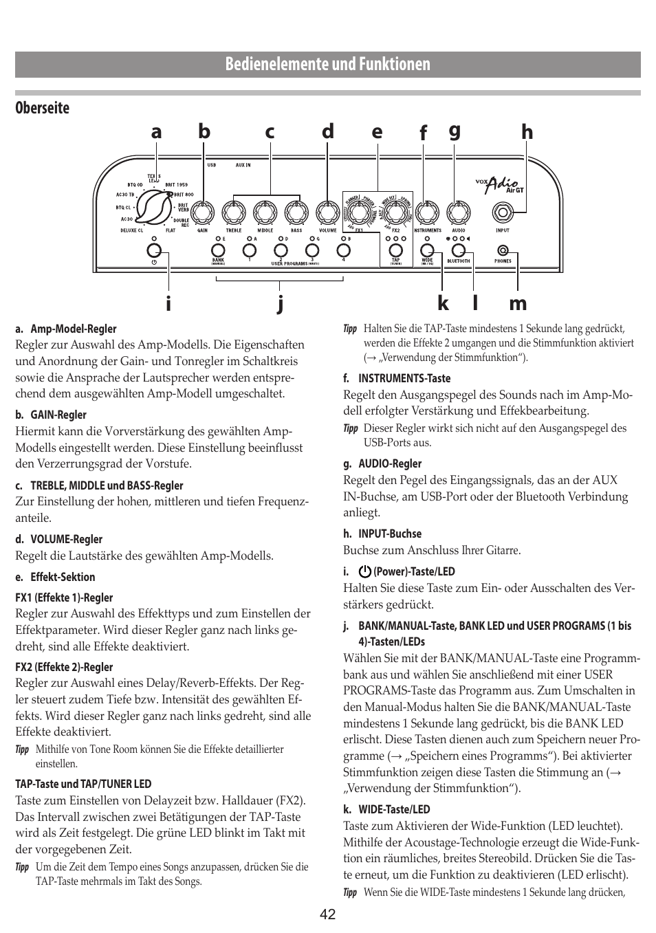 Bedienelemente und funktionen, Oberseite | Vox Adio Air GT 2x3" 50W Bluetooth Guitar Amplifier User Manual | Page 42 / 50