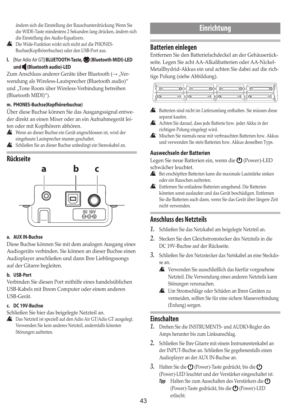 Einrichtung, Cb a, Rückseite | Batterien einlegen, Anschluss des netzteils, Einschalten | Vox Adio Air GT 2x3" 50W Bluetooth Guitar Amplifier User Manual | Page 43 / 50