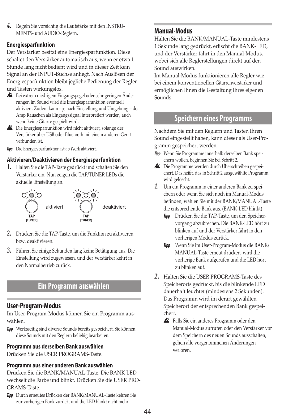 Ein programm auswählen, Speichern eines programms, User-program-modus | Manual-modus | Vox Adio Air GT 2x3" 50W Bluetooth Guitar Amplifier User Manual | Page 44 / 50