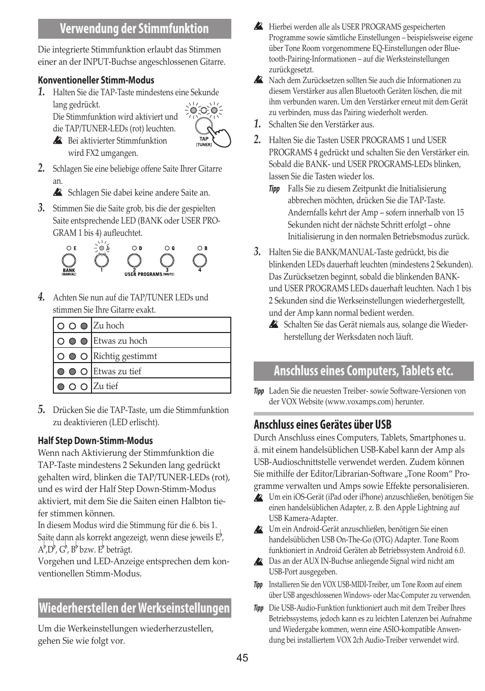 Verwendung der stimmfunktion, Wiederherstellen der werkseinstellungen, Anschluss eines computers, tablets etc | Anschluss eines gerätes über usb | Vox Adio Air GT 2x3" 50W Bluetooth Guitar Amplifier User Manual | Page 45 / 50