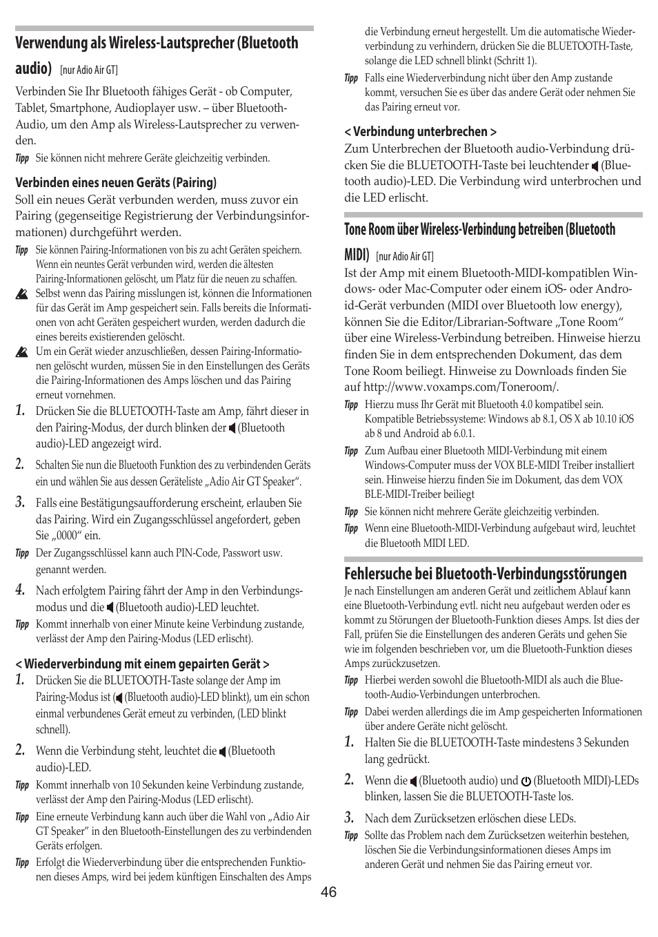 Und „tone room über wireless-verbindung betreiben, Bluetooth midi)“), Fehlersuche bei bluetooth-verbindungsstörungen | Vox Adio Air GT 2x3" 50W Bluetooth Guitar Amplifier User Manual | Page 46 / 50