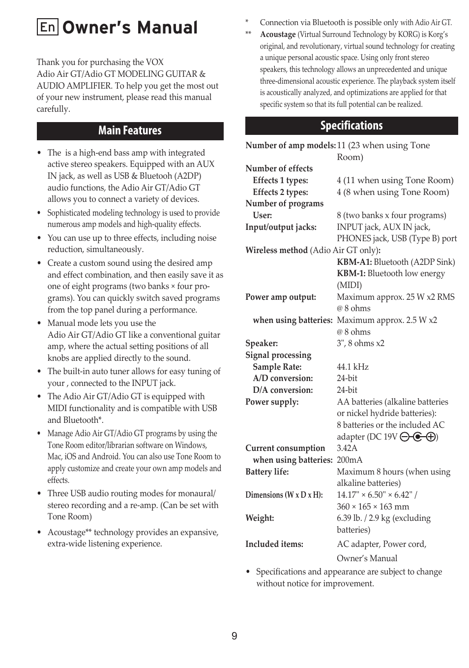 Owner’s manual, Main features, Specifications | Vox Adio Air GT 2x3" 50W Bluetooth Guitar Amplifier User Manual | Page 9 / 50