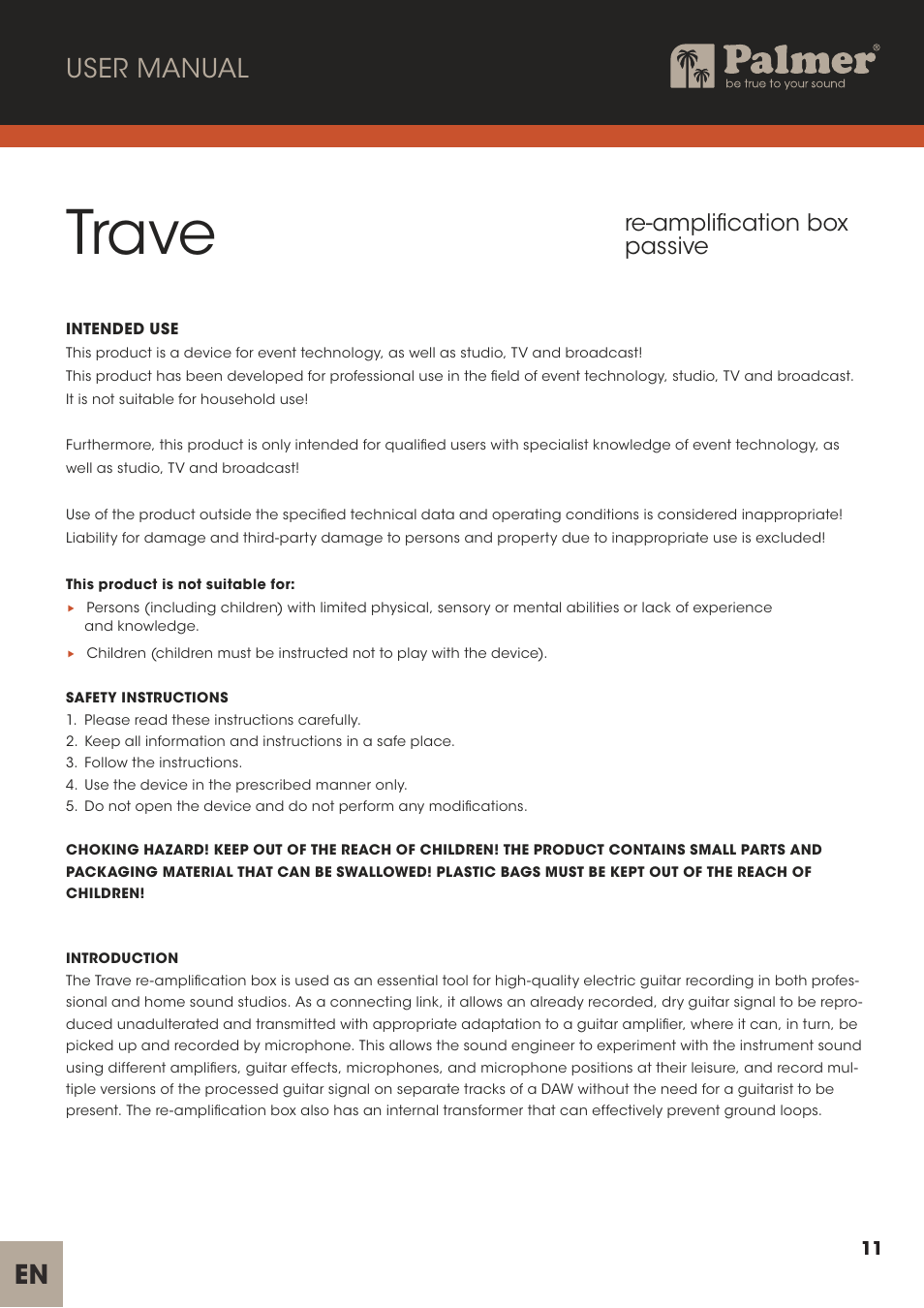 Trave, En user manual, Re-amplification box passive | Palmer Trave Passive Re-Amplification Box User Manual | Page 11 / 43