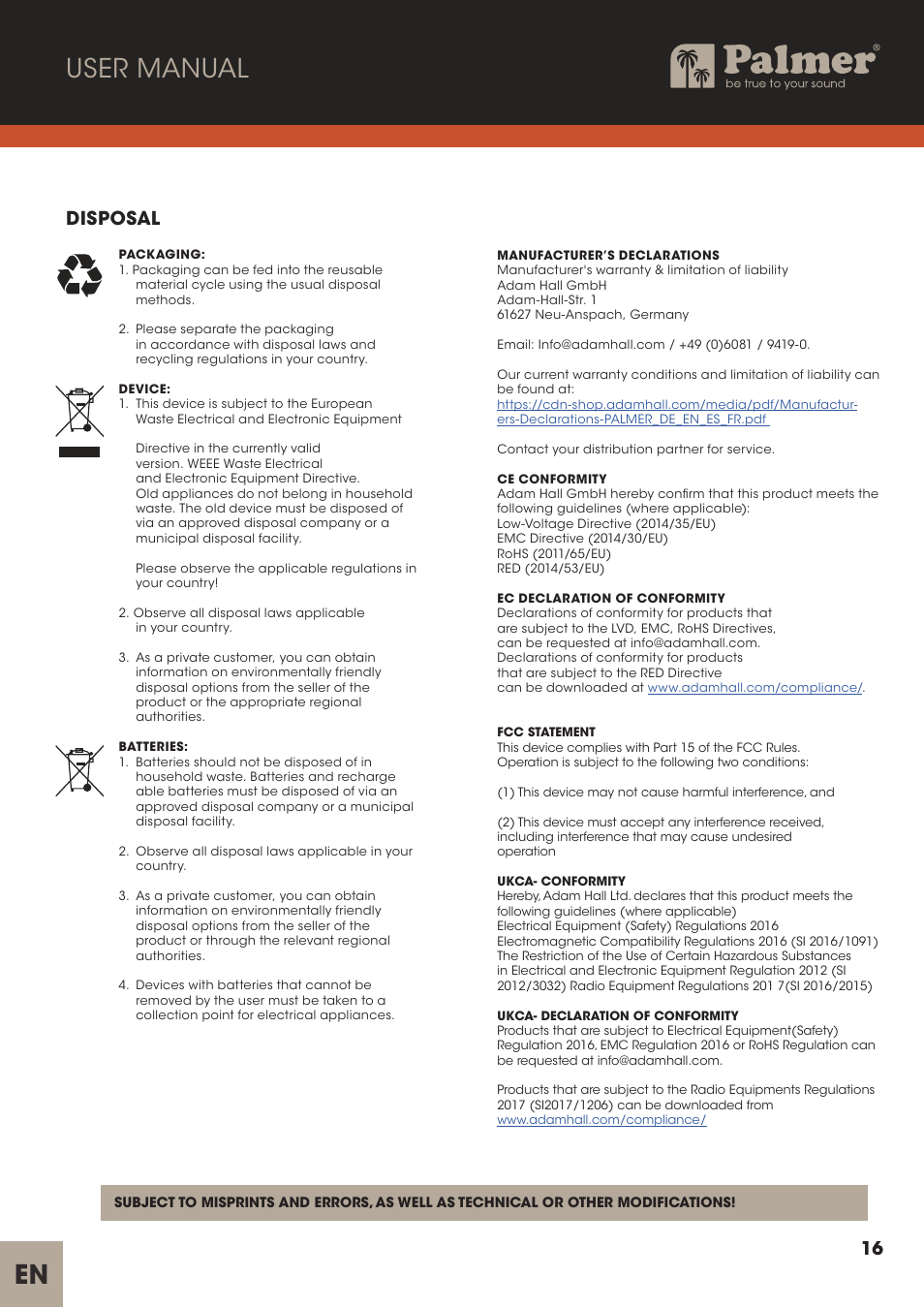 En user manual, Disposal | Palmer Trave Passive Re-Amplification Box User Manual | Page 16 / 43
