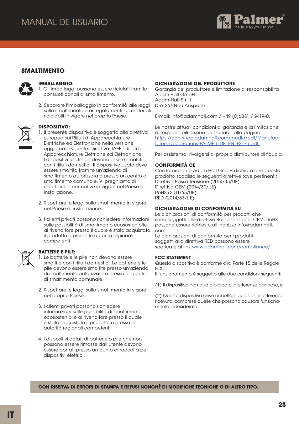 It manual de usuario, Smaltimento | Palmer Trave Passive Re-Amplification Box User Manual | Page 23 / 43