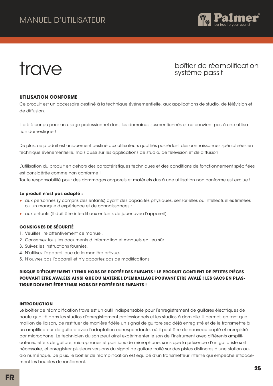 Trave, Fr manuel d’utilisateur, Boîtier de réamplification système passif | Palmer Trave Passive Re-Amplification Box User Manual | Page 25 / 43