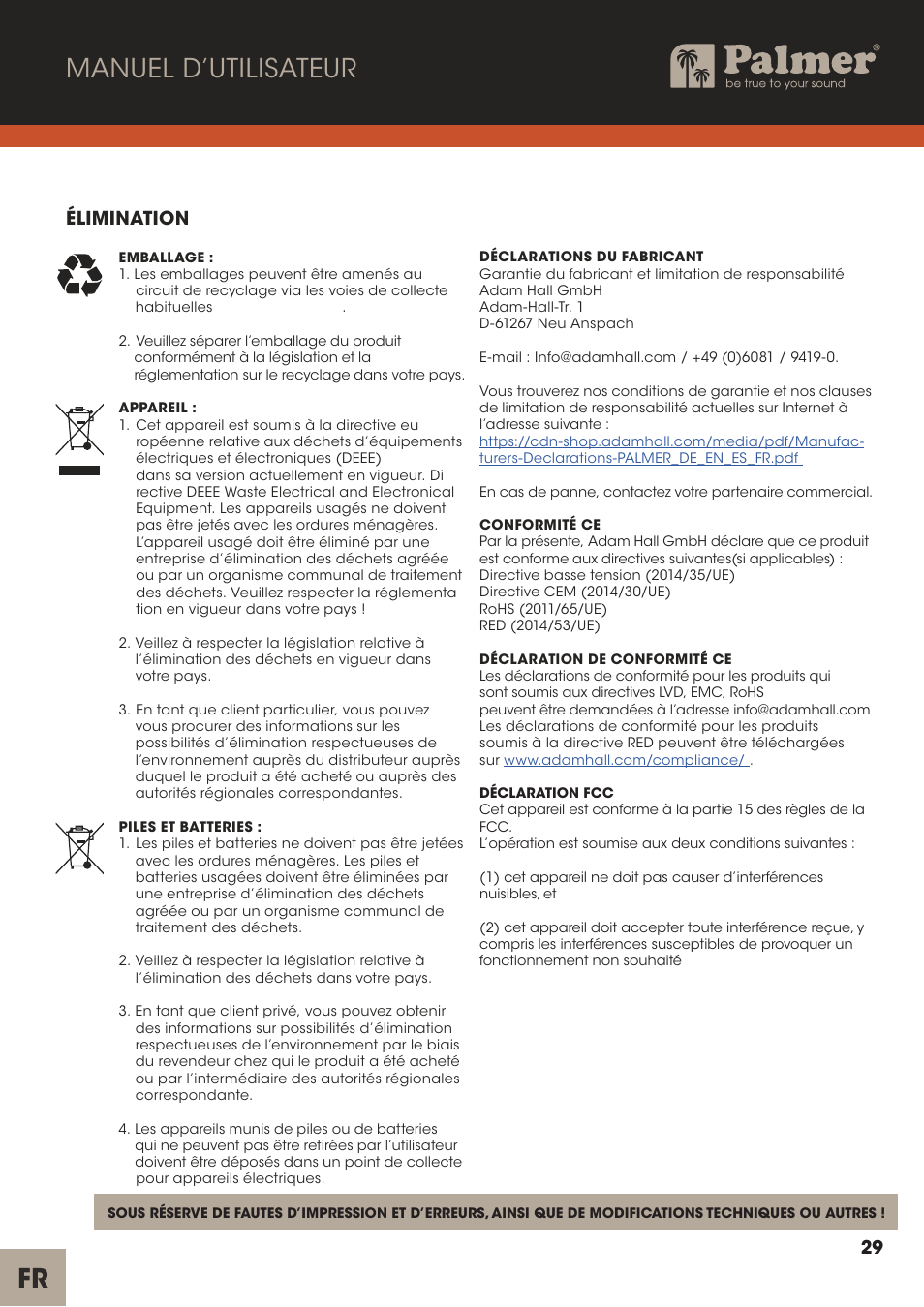 Fr manuel d’utilisateur, Élimination | Palmer Trave Passive Re-Amplification Box User Manual | Page 29 / 43