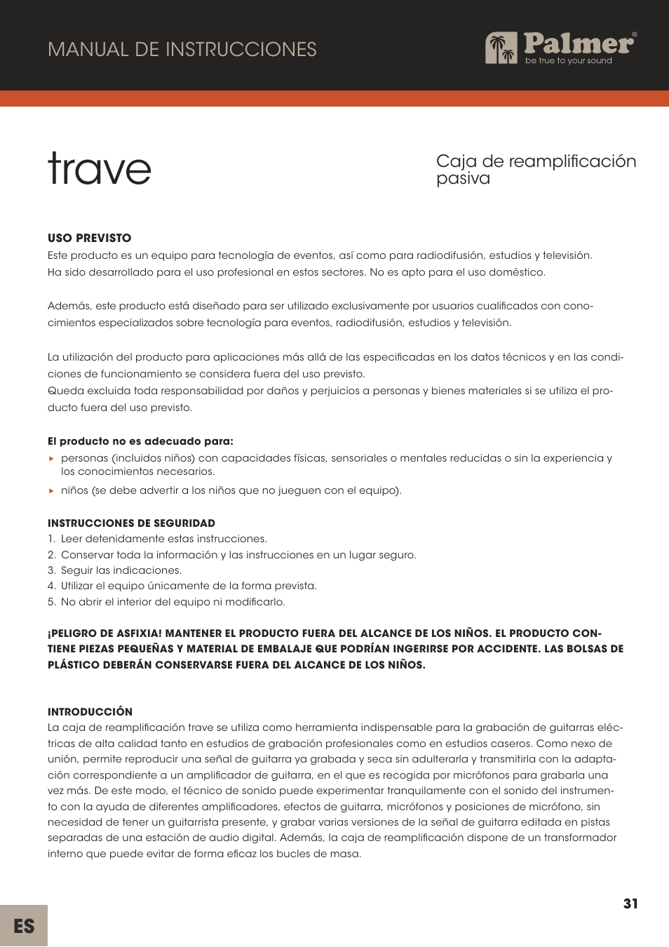 Trave, Es manual de instrucciones, Caja de reamplificación pasiva | Palmer Trave Passive Re-Amplification Box User Manual | Page 31 / 43