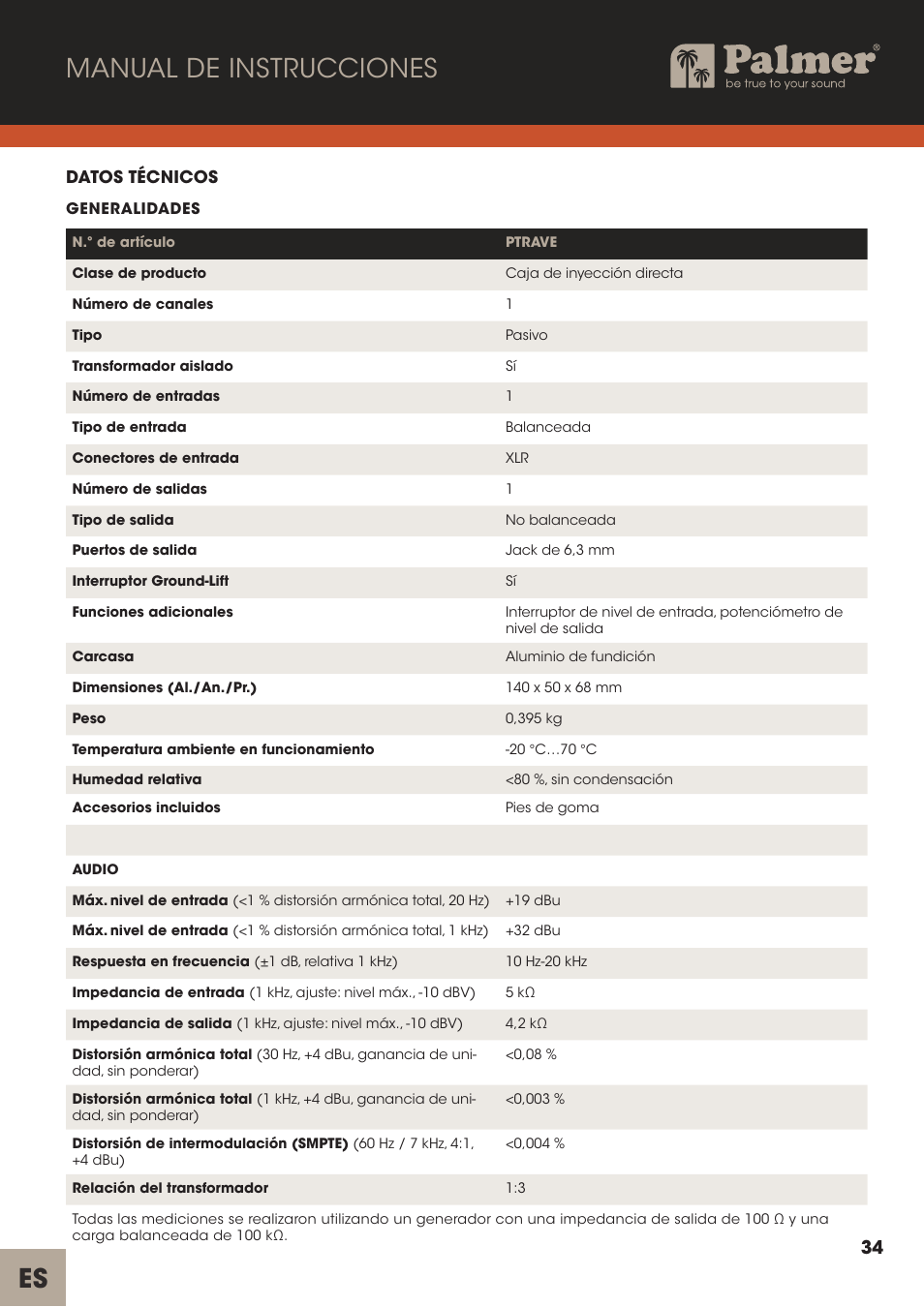 Es manual de instrucciones | Palmer Trave Passive Re-Amplification Box User Manual | Page 34 / 43