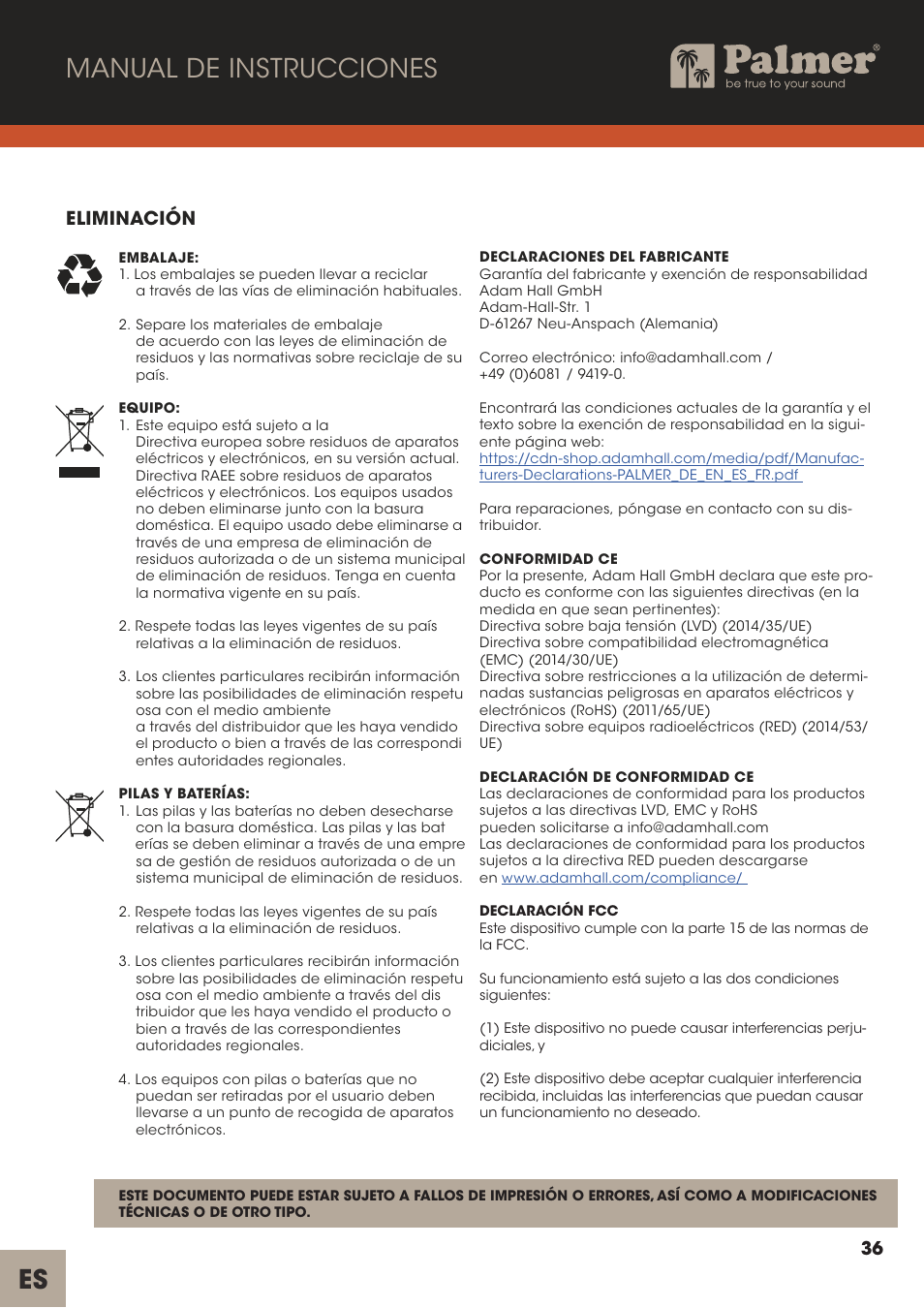 Es manual de instrucciones, Eliminación | Palmer Trave Passive Re-Amplification Box User Manual | Page 36 / 43