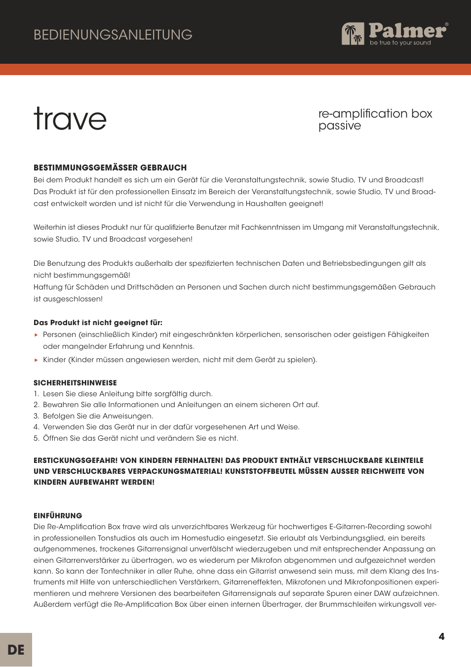 Trave, Bedienungsanleitung, Re-amplification box passive | Palmer Trave Passive Re-Amplification Box User Manual | Page 4 / 43