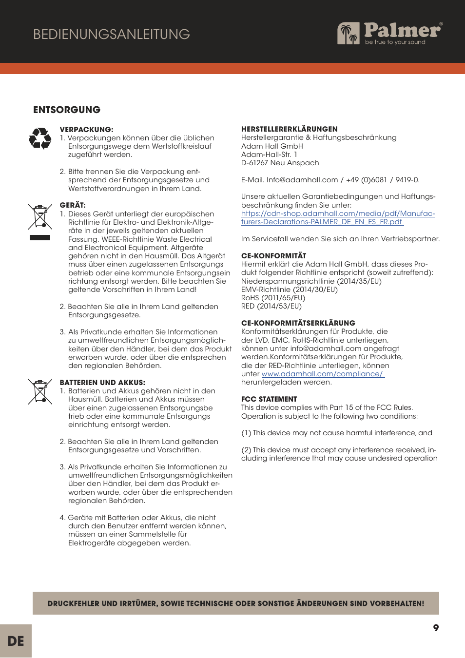 Bedienungsanleitung, Entsorgung | Palmer Trave Passive Re-Amplification Box User Manual | Page 9 / 43