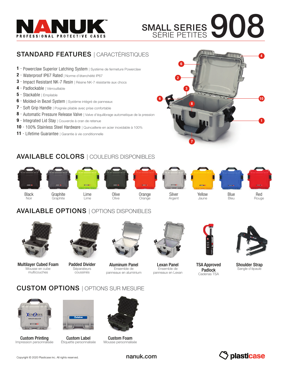 Small series, Série petites, Available colors | Standard features, Available options, Custom options | Nanuk 908 Hard Utility Case with Foam Insert (Orange) User Manual | Page 2 / 2