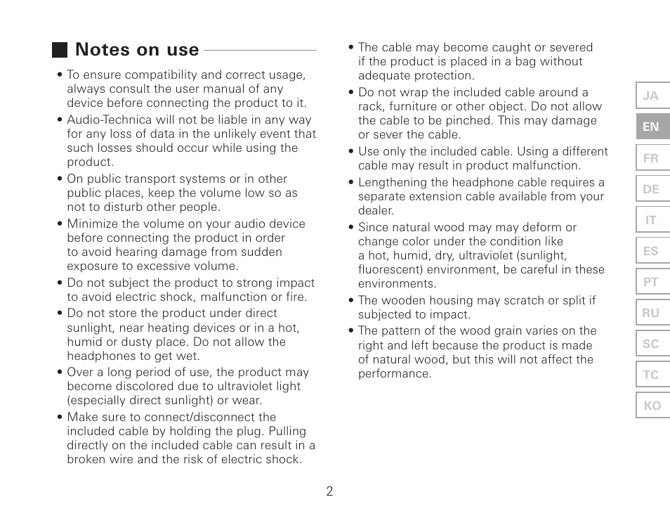 Audio-Technica ATH-AWKT Audiophile Closed-Back Dynamic Wooden Headphones (Striped Ebony) User Manual | Page 13 / 94