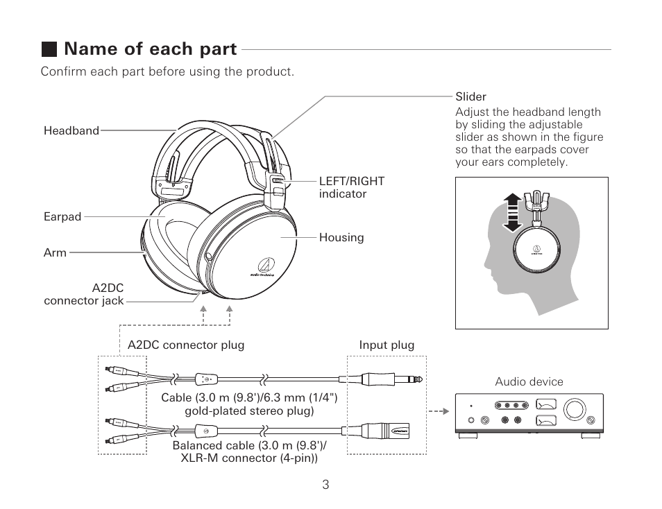 Name of each part | Audio-Technica ATH-AWKT Audiophile Closed-Back Dynamic Wooden Headphones (Striped Ebony) User Manual | Page 14 / 94