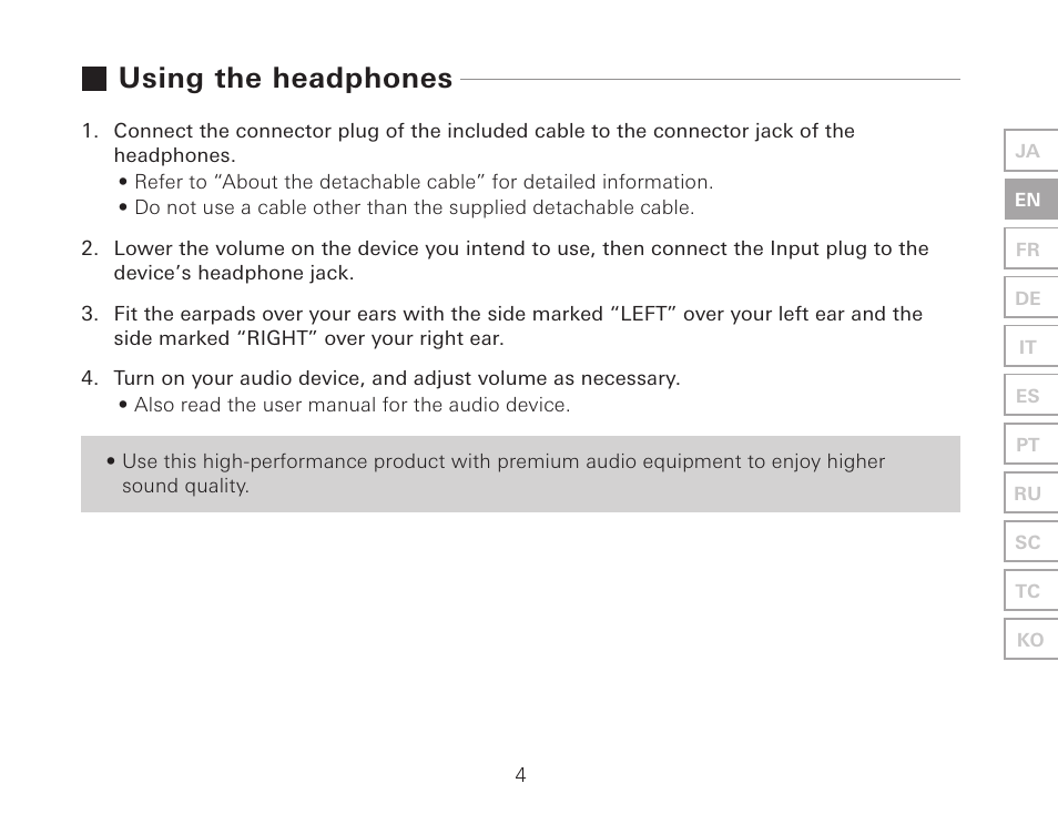 Using the headphones | Audio-Technica ATH-AWKT Audiophile Closed-Back Dynamic Wooden Headphones (Striped Ebony) User Manual | Page 15 / 94