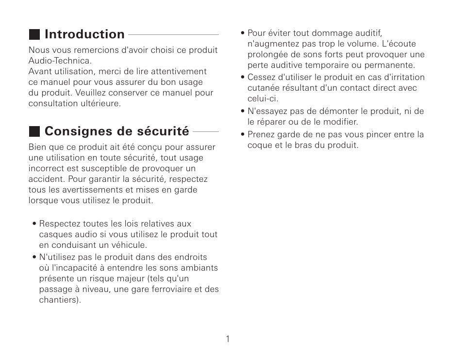 Introduction, Consignes de sécurité | Audio-Technica ATH-AWKT Audiophile Closed-Back Dynamic Wooden Headphones (Striped Ebony) User Manual | Page 20 / 94