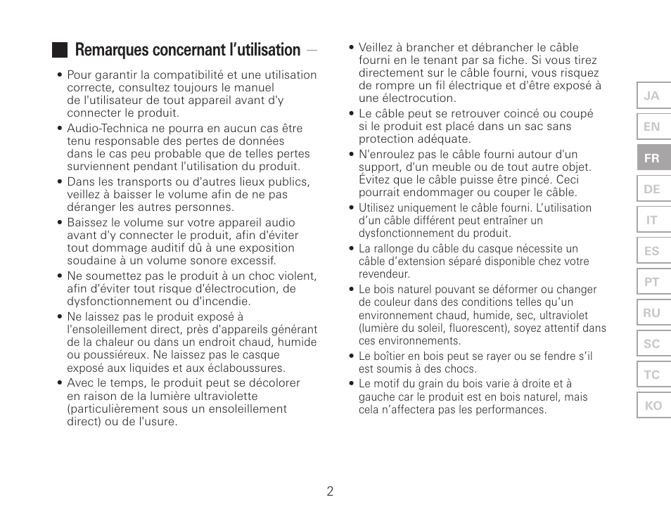 Remarques concernant l’utilisation | Audio-Technica ATH-AWKT Audiophile Closed-Back Dynamic Wooden Headphones (Striped Ebony) User Manual | Page 21 / 94